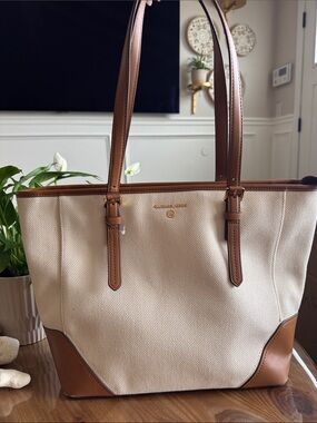 Michael Kors Cream Canvas Tote with Brown Leather Trim